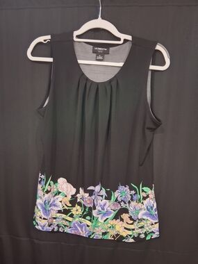 Liz Claiborne Black Sleeveless Top with Purple & Green Floral Border